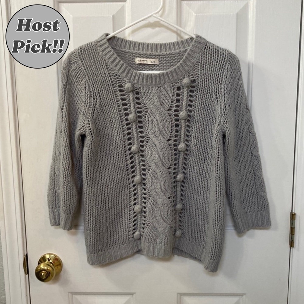 HP! Old Navy 3/4 Sleeve Chunky Knit Grey Pom-Pom Crew Sweater Size Small Petite